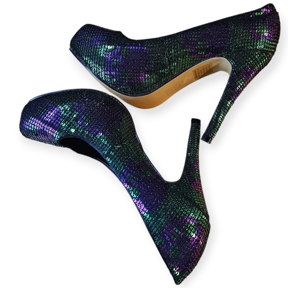 πβ¨ Iron Fist Digiskull Platform Pumps β Green & Purple Sequin | Size 38 (US 7.5 - Picture 6 of 14